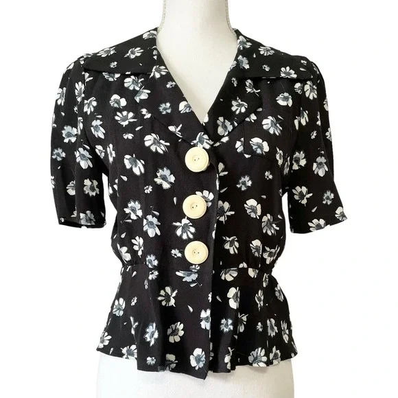 Rouje Paris Jose Floral Blouse Tops Navy Blue White Size 38 US 6 - Picture 3 of 7
